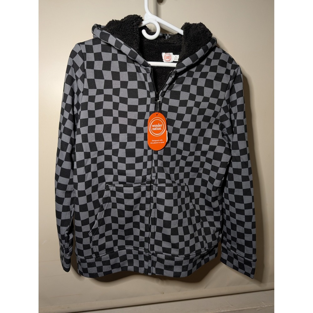 Wonder Nation Boys XL 14-16 Sherpa Lined Checkered Zip Up Hoodie Grey Black NWT